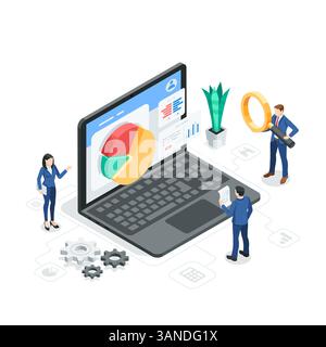 isometric vector pie chart on a laptop screen and business people working with it, in color on a white background, teamwork on statistical data proces Stock Vector