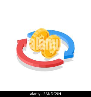 isometric vector arrows around a coins with the dollar and bitcoin icon, in color on a white background, currency exchange Stock Vector
