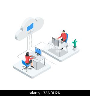 isometric vector man and woman working at a computer connected via a network to the cloud, in color on a white background, office work with data store Stock Vector