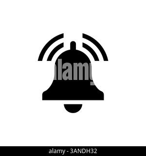 flat vector bell icon, in black color on white background, alarm clock or alert or reminder Stock Vector