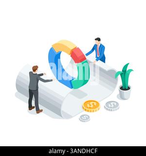 isometric vector business men with paper document and pie chart, in color on white background, working with statistics or financial analytics Stock Vector