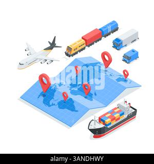 isometric vector transport for transporting goods by air by water and by land with a world map with location icons, in color on a white background, pl Stock Vector