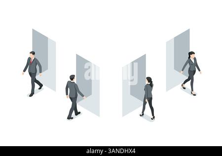 isometric vector business people entering and exiting a doorway, in color on a white background, entrance and exit or portal Stock Vector