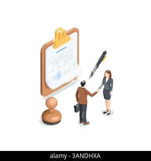 isometric vector business man and woman shaking hands near a signed document, in color on a white background, concluding an agreement or signing a con Stock Vector