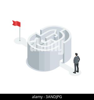 isometric vector business man stands in front of the entrance to the labyrinth through which you need to go to the goal, in color on a white backgroun Stock Vector