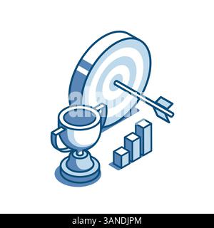 isometric vector linear icons target with arrow and cup with chart, in color on white background, achieved goal or business success Stock Vector
