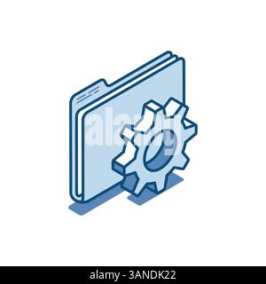 isometric vector folder and gear in linear style, in color on a white background, folder settings or working with papers and documentation Stock Vector