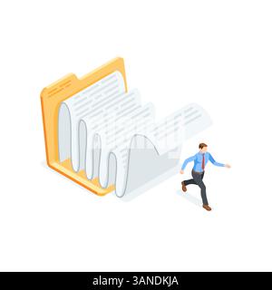 isometric vector business man running from a wave of papers from an open folder, in color on a white background, escaping from a paper routine or a la Stock Vector