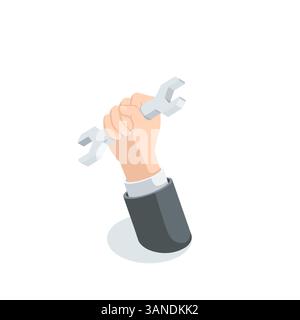 isometric vector male hand with a wrench, in color on a white background, foreman or technical support Stock Vector