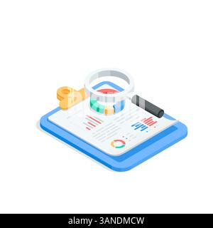 isometric vector tablet with charts on a sheet of paper and a magnifying glass, in color on a white background, financial analytics or business statis Stock Vector