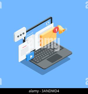 isometric vector envelope with alert bell and message, in color on white background, email marketing or advertising newsletter Stock Vector
