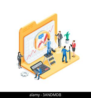isometric vector business people analyze data from a graph on a paper sheet in a folder, in color on a white background, data research and professiona Stock Vector