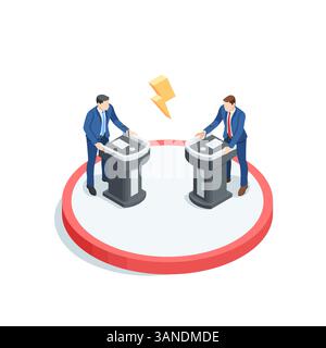 isometric vector business men at the podium discussing among themselves, in color on a white background, political debate or election battle Stock Vector