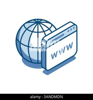 isometric vector linear icon globe and browser window, in color on a white background, web page or internet Stock Vector