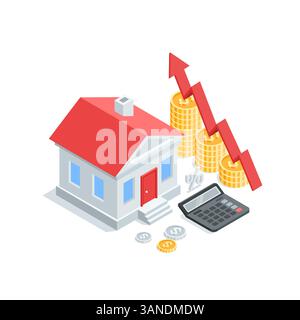 isometric vector house and coins with arrow and calculator, in color on a white background, real estate market or housing money Stock Vector