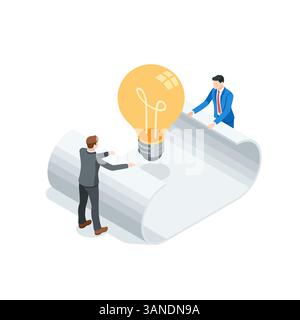 isometric vector business men unrolling a sheet of paper in the center of which there is a glowing light bulb, in color on a white background, a new i Stock Vector