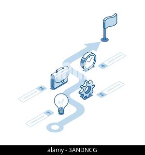 isometric vector infographic of linear icons and arrow leading to the flag, in color on a white background, business path to success Stock Vector