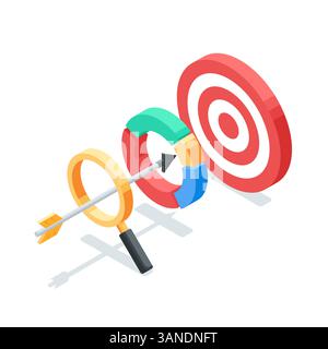 isometric vector arrow flying through a magnifying glass and a pie chart straight to the target, in color on a white background, achieving a goal or b Stock Vector