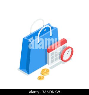 insulated shopping bag and clock with calendar, in color on a white background, shopping or sale time Stock Vector