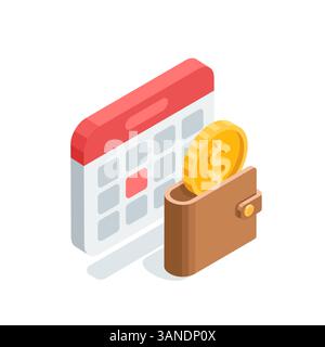 isometric vector calendar and wallet with dollar icon, in color on white background, pay date or regular bill payment Stock Vector