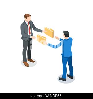 isometric vector business man exchanging folders with another man, in color on white background, work relationship or paper work with documents Stock Vector