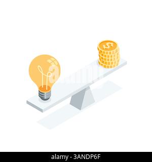 isometric vector light bulb and coins with dollar icon on scales, in color on white background, idea or money concept Stock Vector