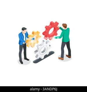 isometric vector business men assemble a mechanism from gears, in color on a white background, teamwork or work for success Stock Vector