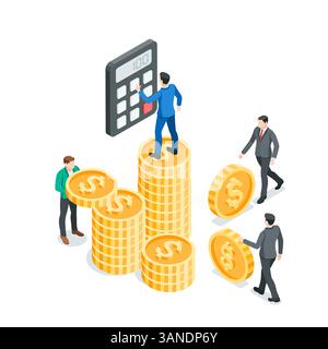 isometric vector business men with coins and a calculator, in color on a white background, overall budget or financial growth Stock Vector