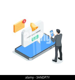 isometric vector business man with smartphone and message with button and bell, in color on white background, new message on phone Stock Vector