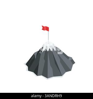 isometric vector mountain icon with flag, in color on a white background, reach the top or goal Stock Vector