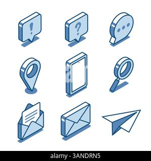 isometric vector set of linear icons of messages and mail on a smartphone, in color on a white background, mail messages and correspondence Stock Vector