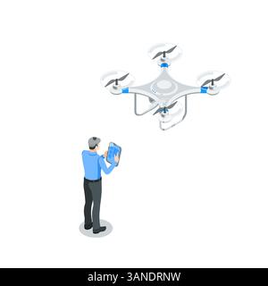 isometric vector man with a tablet controls a flying drone, in color on a white background, modern technology or drone launch Stock Vector