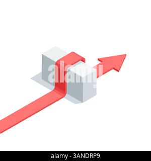 isometric vector arrow finds the way through the block, in color on a white background, overcoming difficulties in business or the path to success Stock Vector
