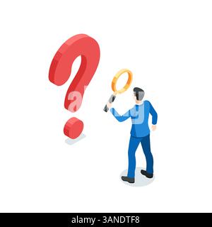 isometric vector business man with a magnifying glass looking at a big question mark, in color on a white background, searching for a solution to a pr Stock Vector