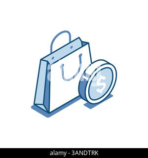 isometric vector shopping bag and coin linear icon, in color on white background, shopping and cashback Stock Vector