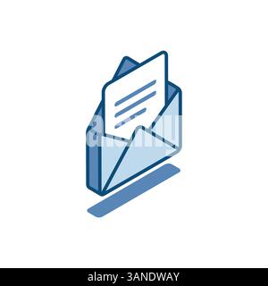 isometric vector open envelope linear icon, in color on white background, read letter or text document Stock Vector