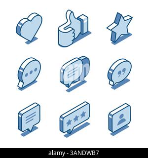 isometric vector set of linear icons of messages and likes, in color on a white background, chat or social network Stock Vector