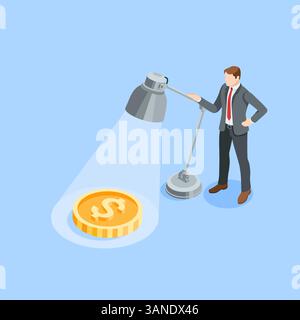 isometric vector business man standing near a table lamp shining on a coin with a dollar icon, in color on a blue background, searching for money or f Stock Vector