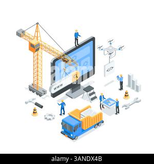 isometric vector team of developers working on creating and building a website, in color on a white background, crane and drone work or construction w Stock Vector