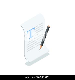 isometric vector pencil near a text document, in color on a white background, working with text or editing Stock Vector