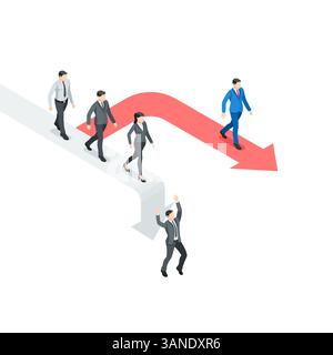 isometric vector business people follow the arrows, one of which are down, in color on a white background, the right path to success or success and fa Stock Vector