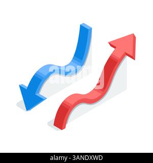 isometric vector chart arrows for indicating statistical data or infographics, in color on a white background, increase and decrease arrows Stock Vector