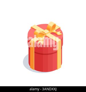 isometric vector red round box with a yellow ribbon and bow, in color on white background, surprise or holiday gift Stock Vector