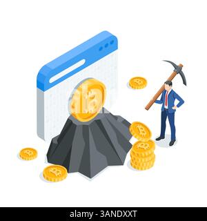 isometric vector business man with a pickaxe stands near a mountain with bitcoin, in color on a white background, cryptocurrency mining Stock Vector