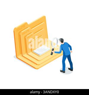 isometric vector business man looking through a magnifying glass at the contents of nested folders, in color on a white background, searching through Stock Vector