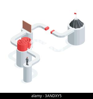 isometric vector business man stands on the path with obstacles to achieve the goal, in color on a white background, a difficult path to the goal Stock Vector