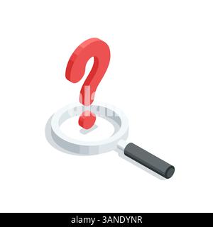 isometric vector big question mark and magnifying glass, in color on a white background, searching for a solution to a problem or analyzing it Stock Vector