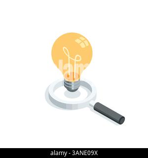 isometric vector magnifying glass and light bulb, in color on a white background, searching for ideas or new solutions Stock Vector