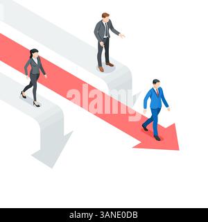 isometric vector business people follow the arrows, two of which are down, in color on a white background, the right path to success or success and fa Stock Vector