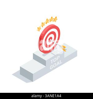 isometric vector target with an arrow on the top step of the pedestal and five stars, in color on a white background, top goal or highest success Stock Vector
